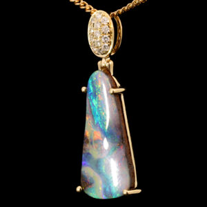 Yellow Gold Blue Green Yellow Orange Pink Solid Australian Boulder Opal and Diamond Pendant Necklace