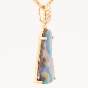Yellow Gold Blue Green Yellow Orange Pink Solid Australian Boulder Opal and Diamond Pendant Necklace