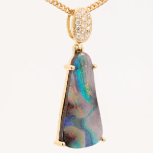 Yellow Gold Blue Green Yellow Orange Pink Solid Australian Boulder Opal and Diamond Pendant Necklace