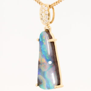 Yellow Gold Blue Green Yellow Orange Pink Solid Australian Boulder Opal and Diamond Pendant Necklace