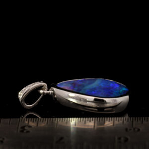 White Gold Blue Purple Solid Australian Boulder Opal and Diamond Pendant Necklace
