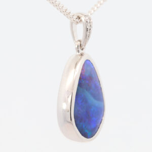 White Gold Blue Purple Solid Australian Boulder Opal and Diamond Pendant Necklace