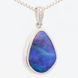 White Gold Blue Purple Solid Australian Boulder Opal and Diamond Pendant Necklace