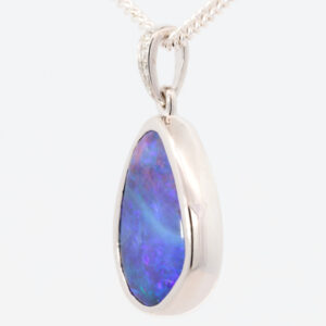 White Gold Blue Purple Solid Australian Boulder Opal and Diamond Pendant Necklace