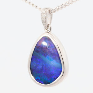 White Gold Blue Purple Solid Australian Boulder Opal and Diamond Pendant Necklace