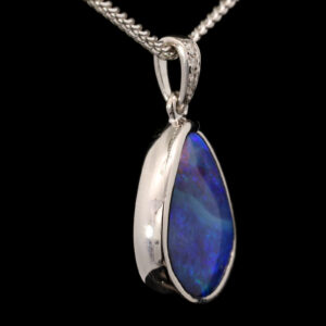 White Gold Blue Purple Solid Australian Boulder Opal and Diamond Pendant Necklace