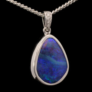 White Gold Blue Purple Solid Australian Boulder Opal and Diamond Pendant Necklace