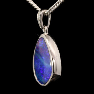 White Gold Blue Purple Solid Australian Boulder Opal and Diamond Pendant Necklace