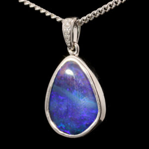 White Gold Blue Purple Solid Australian Boulder Opal and Diamond Pendant Necklace