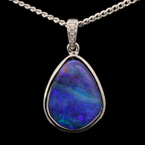 White Gold Blue Purple Solid Australian Boulder Opal and Diamond Pendant Necklace