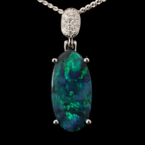 White Gold Blue Green Solid Australian Black Opal and Diamond Pendant Necklace