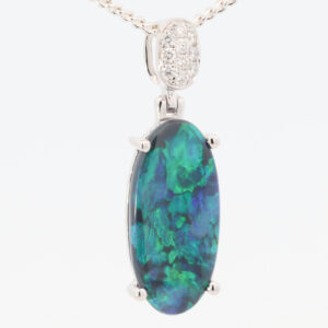 White Gold Blue Green Solid Australian Black Opal and Diamond Pendant Necklace