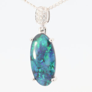 White Gold Blue Green Solid Australian Black Opal and Diamond Pendant Necklace