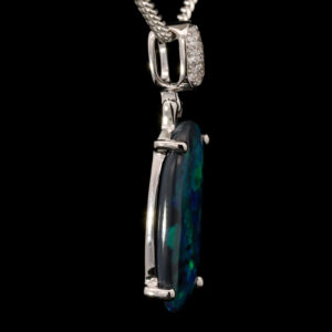 White Gold Blue Green Solid Australian Black Opal and Diamond Pendant Necklace