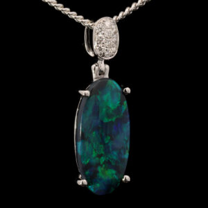White Gold Blue Green Solid Australian Black Opal and Diamond Pendant Necklace