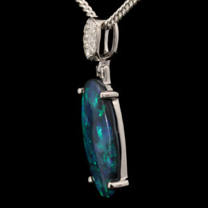 White Gold Blue Green Solid Australian Black Opal and Diamond Pendant Necklace