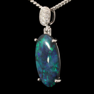 White Gold Blue Green Solid Australian Black Opal and Diamond Pendant Necklace