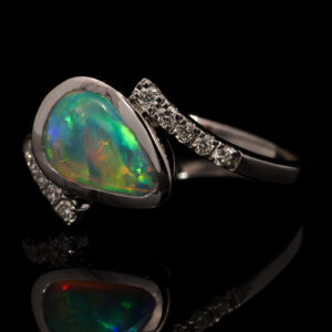 White Gold Blue Green Yellow Solid Australian Crystal Opal and Diamond Engagement Engagement Ring