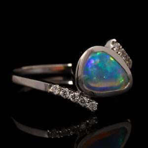White Gold Blue Green Yellow Solid Australian Crystal Opal and Diamond Engagement Engagement Ring