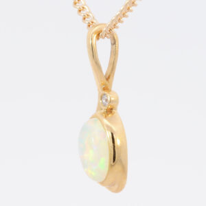 Yellow Gold Blue Green Yellow Orange Solid Australian Crystal Opal and Diamond Pendant Necklace