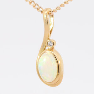 Yellow Gold Blue Green Yellow Orange Solid Australian Crystal Opal and Diamond Pendant Necklace