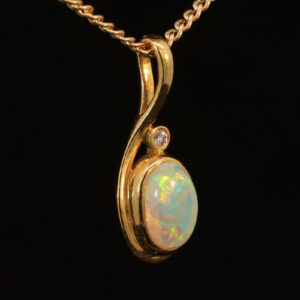 Yellow Gold Blue Green Yellow Orange Solid Australian Crystal Opal and Diamond Pendant Necklace