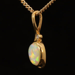 Yellow Gold Blue Green Yellow Orange Solid Australian Crystal Opal and Diamond Pendant Necklace