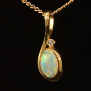 Yellow Gold Blue Green Yellow Orange Solid Australian Crystal Opal and Diamond Pendant Necklace