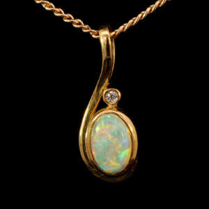 Yellow Gold Blue Green Yellow Orange Solid Australian Crystal Opal and Diamond Pendant Necklace