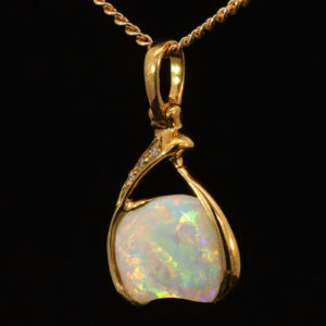 Yellow Gold Blue Green Yellow Orange Pink Solid Australian Crystal Opal and Diamond Pendant Necklace