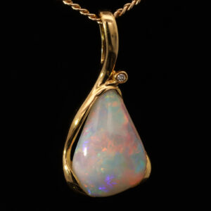 Yellow Gold Blue Green Yellow Orange Pink Solid Australian Crystal Opal and Diamond Pendant Necklace