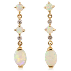 Yellow Gold Blue Green Yellow Orange Solid Australian Crystal Opal and Diamond Earrings