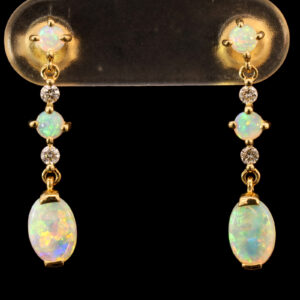 Yellow Gold Blue Green Yellow Orange Solid Australian Crystal Opal and Diamond Earrings