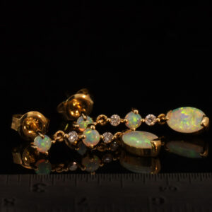 Yellow Gold Blue Green Yellow Orange Solid Australian Crystal Opal and Diamond Earrings