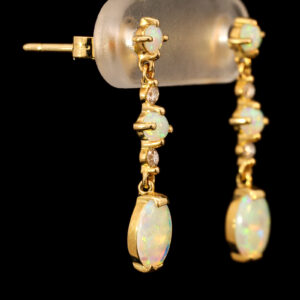 Yellow Gold Blue Green Yellow Orange Solid Australian Crystal Opal and Diamond Earrings