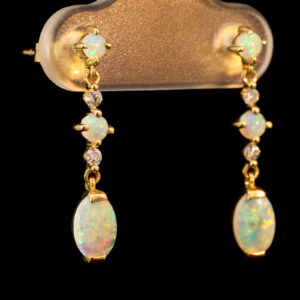 Yellow Gold Blue Green Yellow Orange Solid Australian Crystal Opal and Diamond Earrings