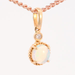 Rose Gold Blue Green Solid Australian Crystal Opal and Diamond Pendant Necklace