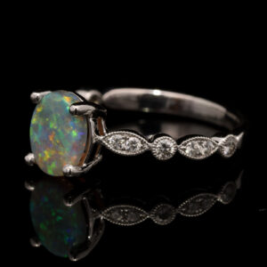White Gold Blue Green Yellow Orange Solid Australian Crystal Opal and Diamond Engagement Ring