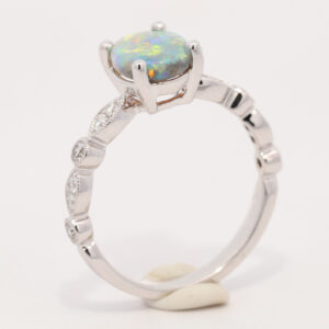 White Gold Blue Green Yellow Orange Solid Australian Crystal Opal and Diamond Engagement Ring