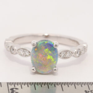 White Gold Blue Green Yellow Orange Solid Australian Crystal Opal and Diamond Engagement Ring