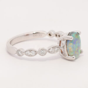 White Gold Blue Green Yellow Orange Solid Australian Crystal Opal and Diamond Engagement Ring