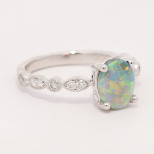 White Gold Blue Green Yellow Orange Solid Australian Crystal Opal and Diamond Engagement Ring