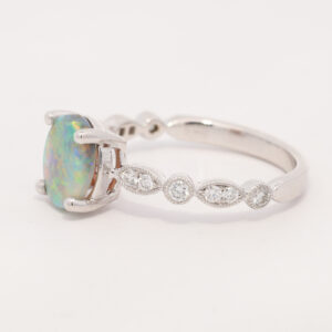 White Gold Blue Green Yellow Orange Solid Australian Crystal Opal and Diamond Engagement Ring