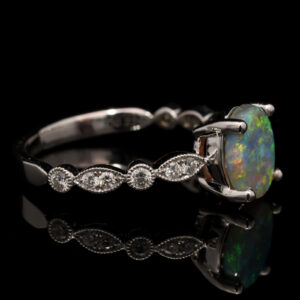 White Gold Blue Green Yellow Orange Solid Australian Crystal Opal and Diamond Engagement Ring