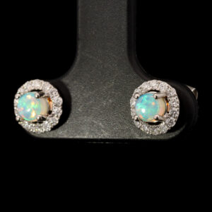 White Gold Blue Green Solid Australian Crystal Opal and Diamond Earrings