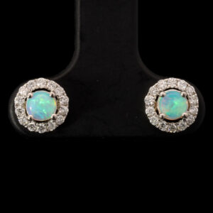 White Gold Blue Green Solid Australian Crystal Opal and Diamond Earrings