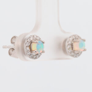 White Gold Blue Green Solid Australian Crystal Opal and Diamond Earrings