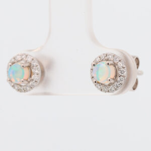 White Gold Blue Green Solid Australian Crystal Opal and Diamond Earrings