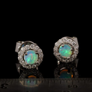 White Gold Blue Green Solid Australian Crystal Opal and Diamond Earrings