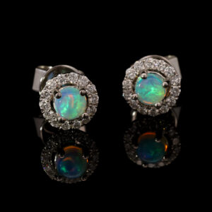 White Gold Blue Green Solid Australian Crystal Opal and Diamond Earrings